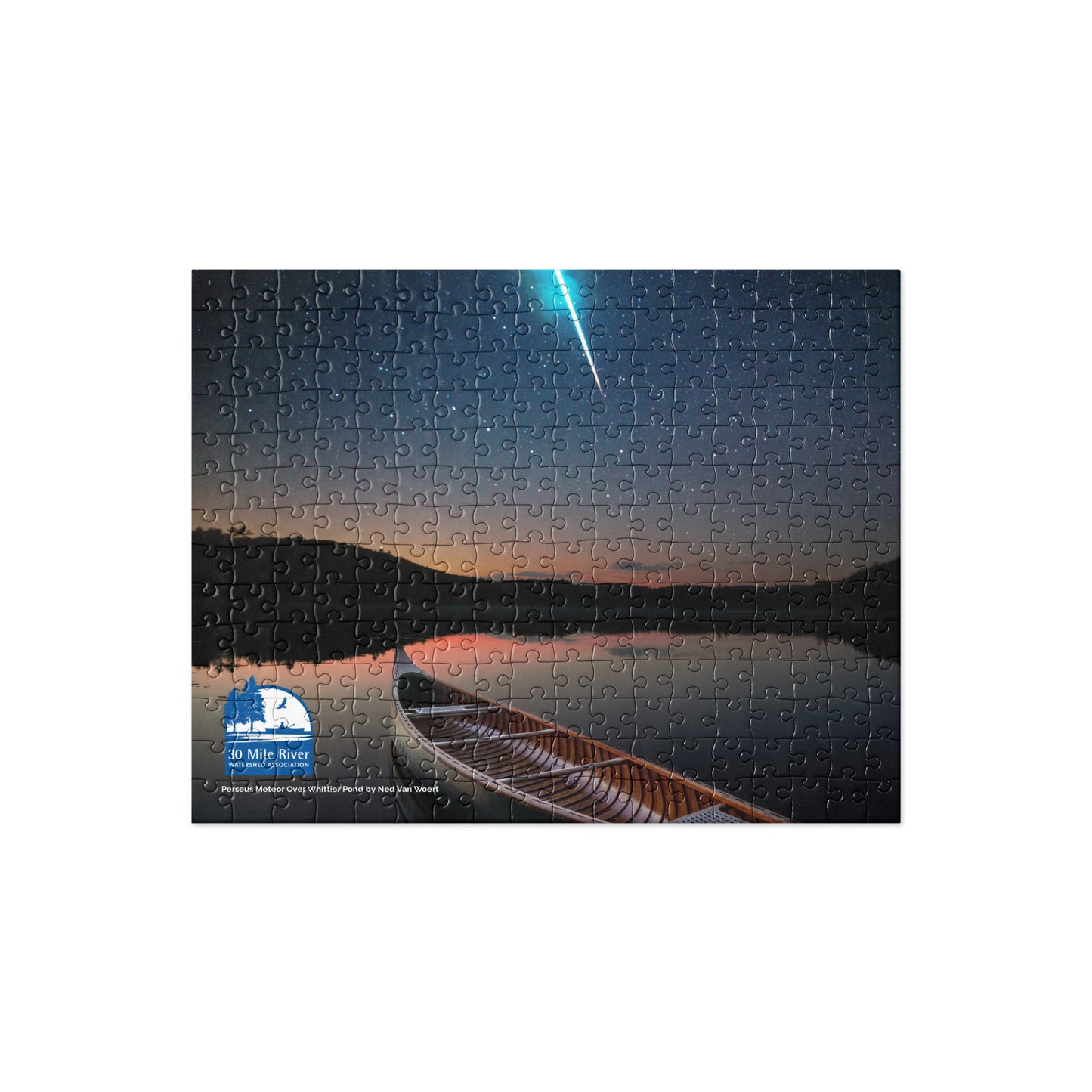 2024 Photo Contest Puzzle: Perseus Meteor Over Whittier Pond by Ned Van Woert