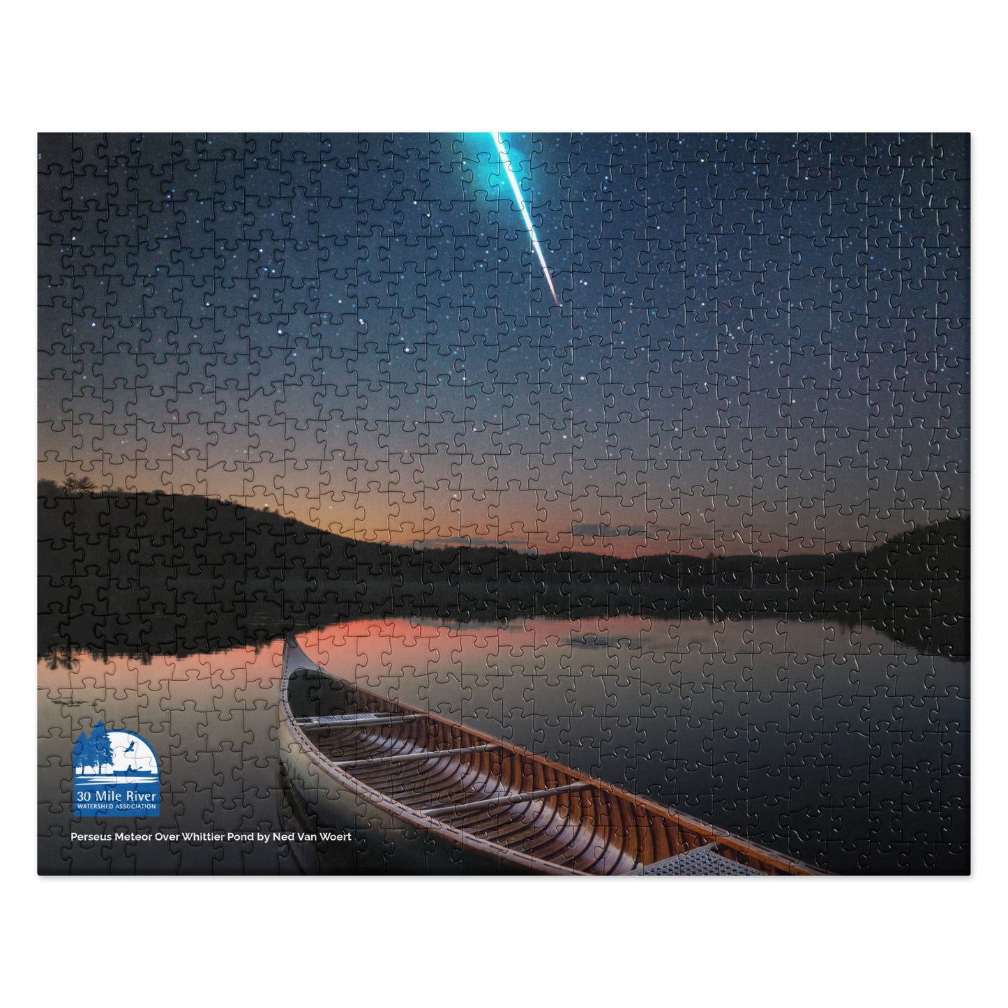 2024 Photo Contest Puzzle: Perseus Meteor Over Whittier Pond by Ned Van Woert